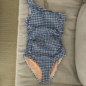 J. Crew Blue Gingham One Shoulder Swimsuit